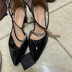 Chic Black Patent Leather Heels with Rhinestone Straps
